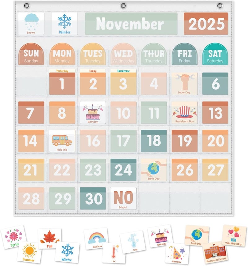Jenlan Large Calendar Pocket Chart, Calendar Learning Classroom Calendar Pocket Chart with 115 Cards for Classroom Calendar and Weather Pocket Chart for Home Kindergarten Learning(White) - Image 1